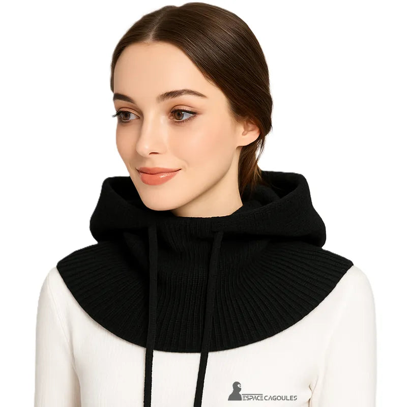 Black winter women's balaclava pulled down over the shoulders worn by a woman