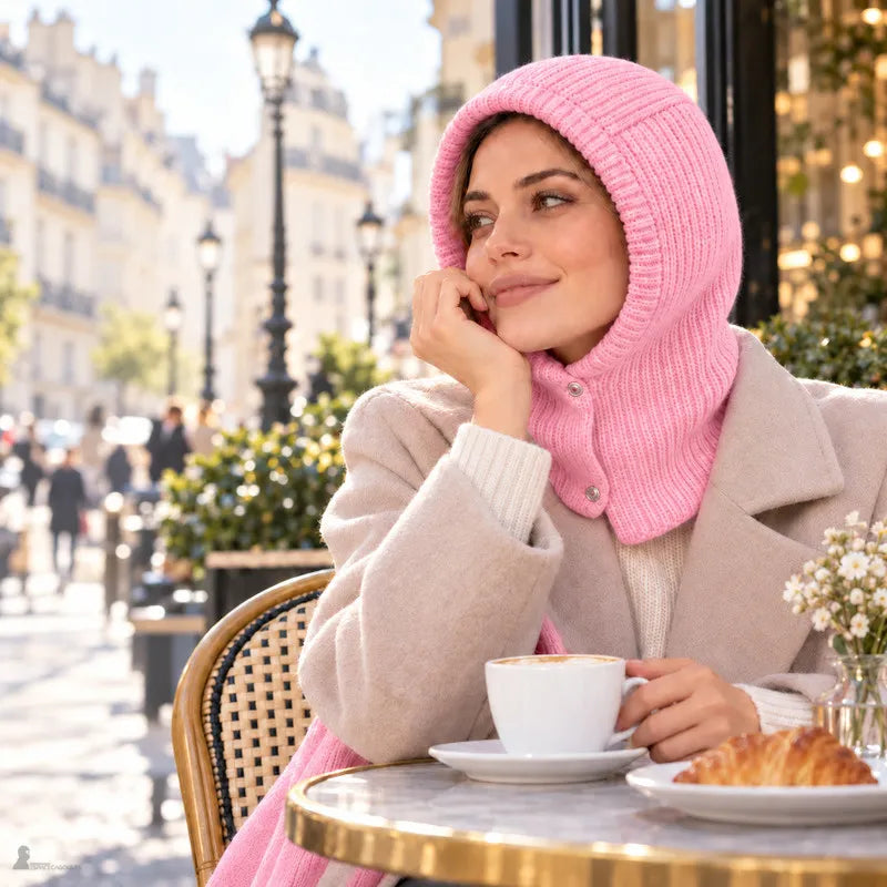 Femme portant la cagoule rose Paloma en terrasse de café parisien avec un manteau beige - Espace Cagoules