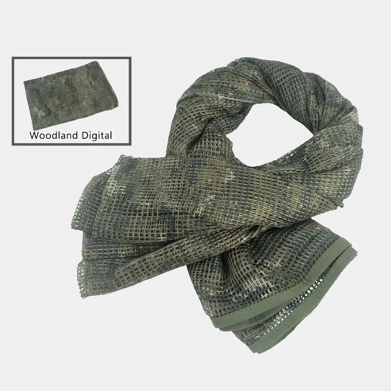 Camouflage net balaclava seen in detail, suitable for military or leisure activities.