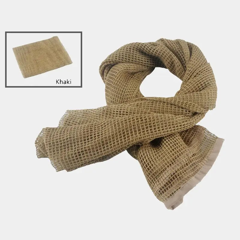 Khaki camouflage mesh balaclava, perfect for blending into a dense forest environment.