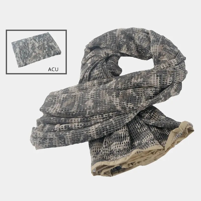 Grey camouflage net balaclava shown rolled up, perfect for hunting or camping activities.
