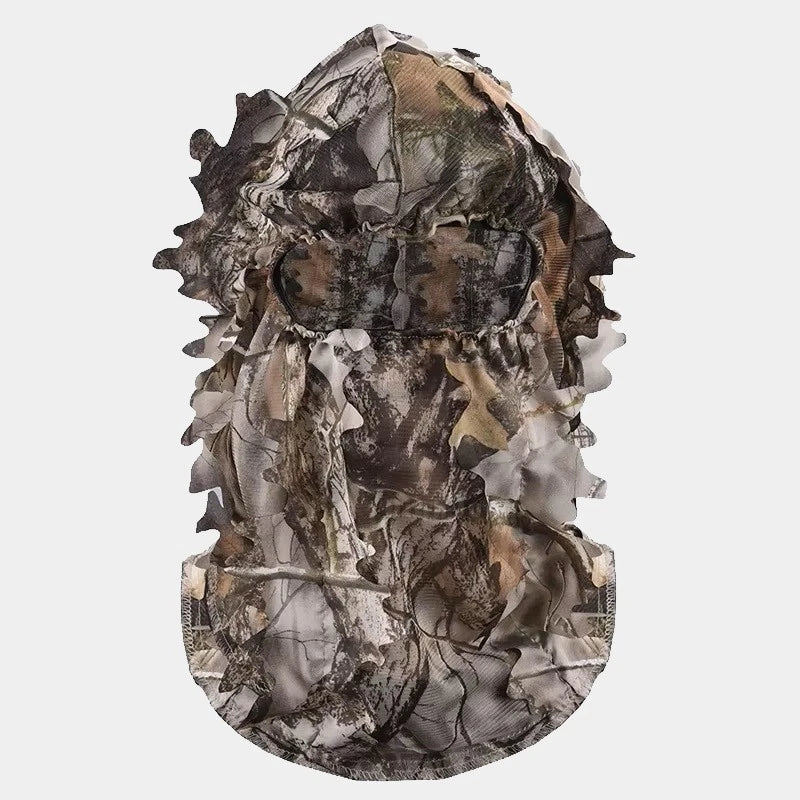 Full camouflage net balaclava with realistic leaf and branch pattern, designed for maximum discretion in natural environments. Ideal for hunting, wildlife viewing or outdoor airsoft activities