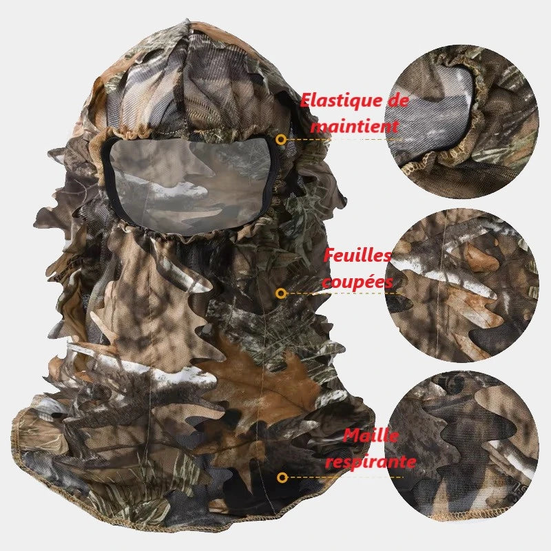 Camouflage mesh balaclava with details on its features: elastic support for a secure fit, cut leaves for a realistic camouflage effect, and breathable mesh for optimal comfort. Designed for hunting, forest observation or airsoft.