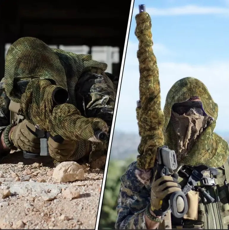 Camouflage net balaclava worn by 2 men in military uniform, perfect for tactical camouflage.
