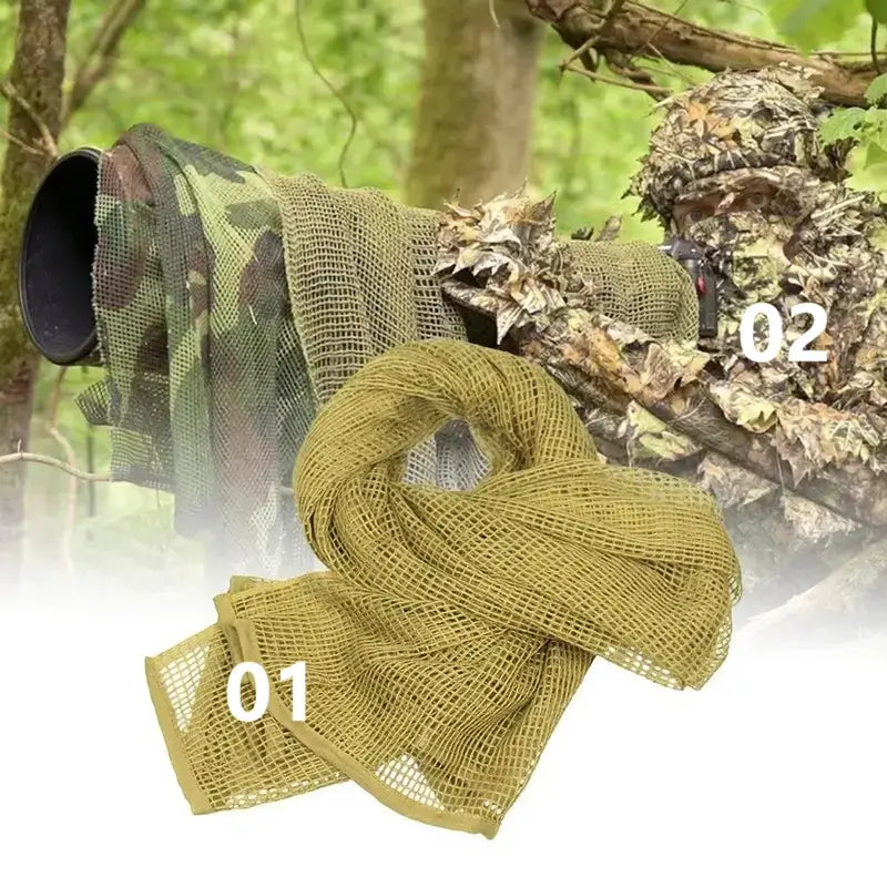 A beige camouflage net balaclava in a forest environment. Ideal for blending in with nature during forest activities.
