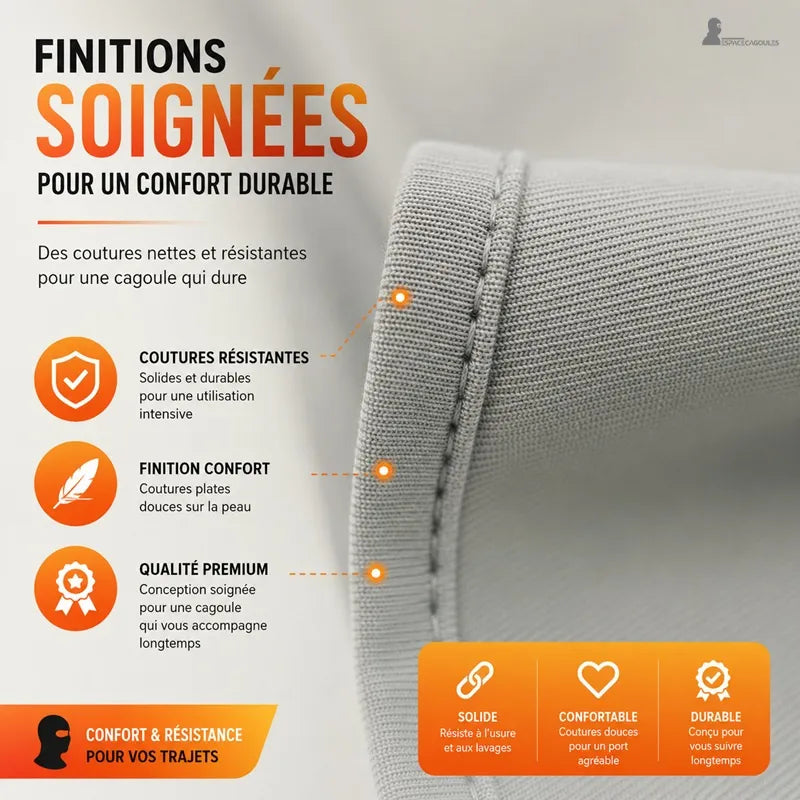 Finitions et coutures plates soignees de la cagoule fine moto pour un confort durable - Espace Cagoules
