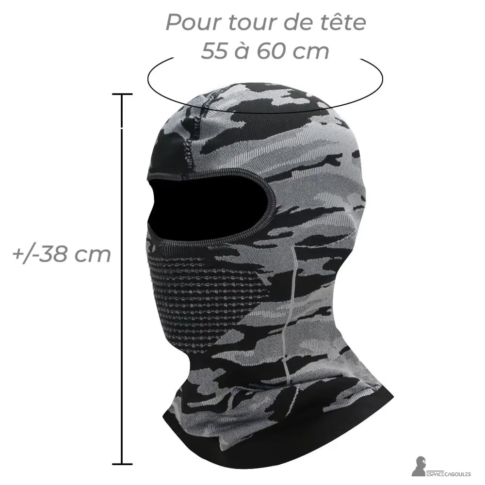 Cagoule fine sous casque de ski camouflage gris, schéma des dimensions pour un tour de tête de 55 à 60 cm et une hauteur d'environ 38 cm - Espace Cagoules