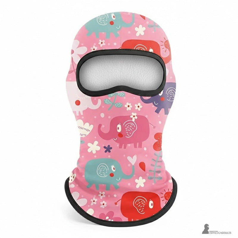 Tunn balaclava under hjälm för barn i polyester och spandex, fodrad med fleece, justerad form med en öppning, framsidan platt med rosa elefantmönster – Cagoules Space