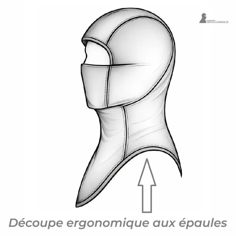 Feine Sturmhaube unter dem Motorradhelm aus Polyester und Fleece, ergonomische Form, die den Hals und die Schultern bedeckt, seitliche Ansicht illustriert - Raum für Sturmhauben