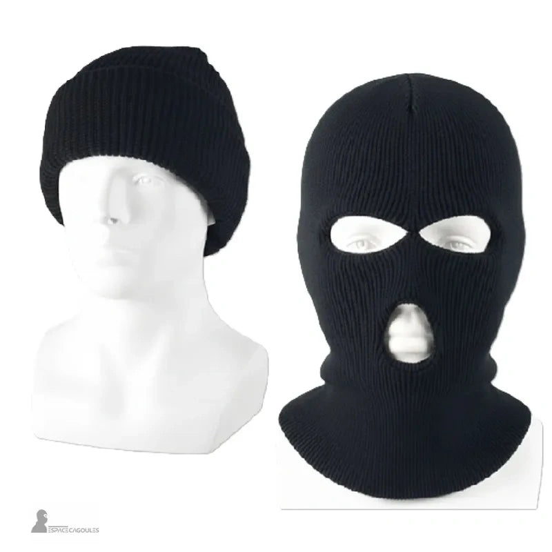 Cagoule gangster noire polyvalente montrée en deux positions sur mannequin blanc, version bonnet et version cagoule à trois trous