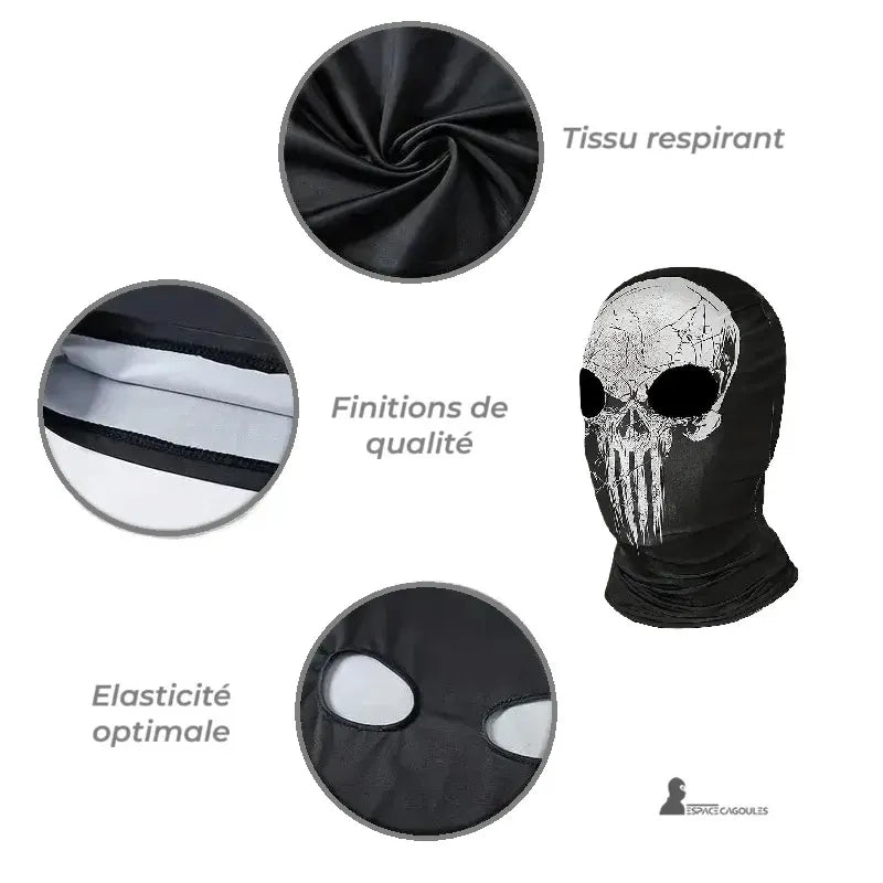 Cagoule Ghost Call of Duty - détails du tissu respirant, élasticité optimale et finitions de qualité, présentation en gros plans