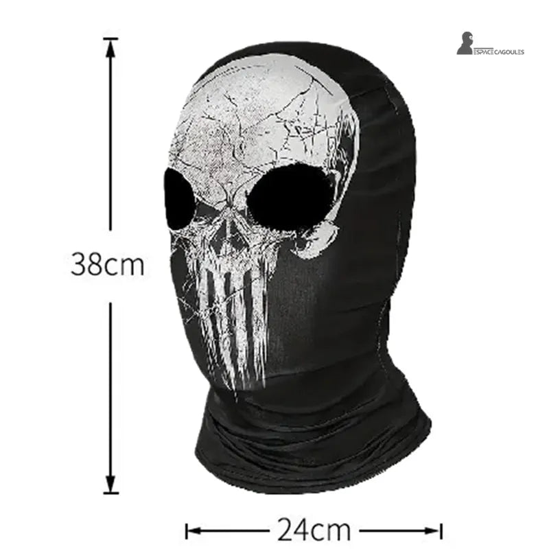 Cagoule Ghost Call of Duty - cagoule noire tête de mort avec dimensions indiquées 38 cm de hauteur et 24 cm de largeur
