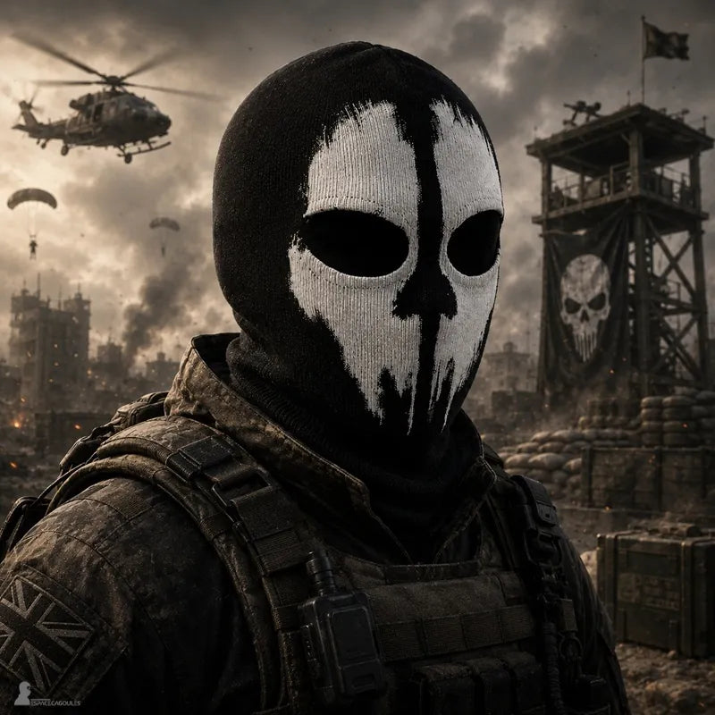Balaclava Ghost Call of Duty bärs av en soldat i taktisk uniform i en ödelagd militärmiljö - Utrymme för Cagoules