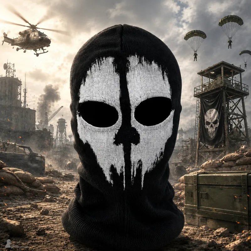 Balaclava Ghost Call of Duty med blekt skallemask sett framifrån mot en bakgrund av stridszon - Utrymme för Cagoules