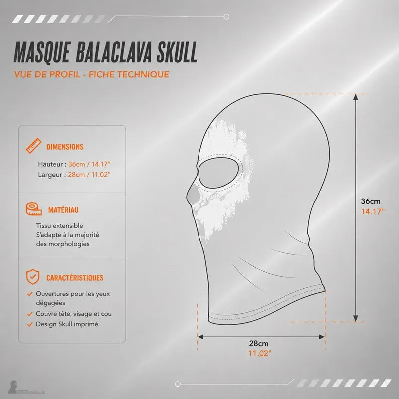 Schéma technique de profil de la Cagoule Ghost Call of Duty, hauteur 36 cm et largeur 28 cm, ouvertures pour les yeux - Espace Cagoules
