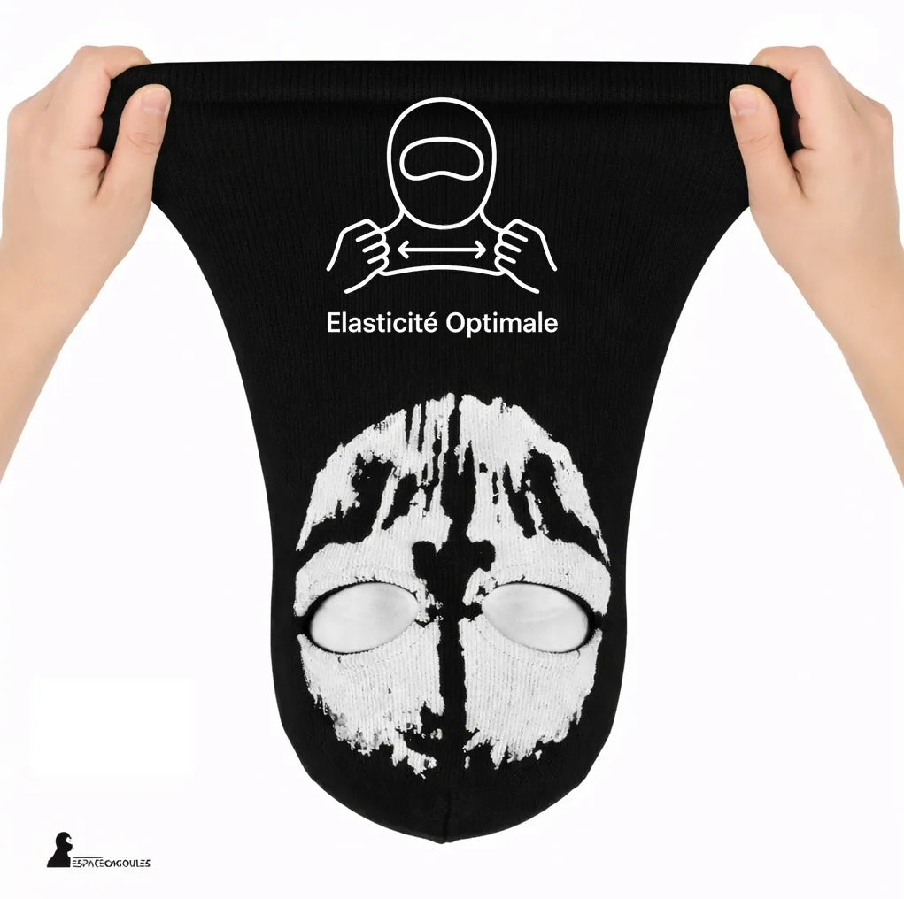 Black cotton and spandex Ghost COD balaclava with one hole, stretched view from the front between two hands showing optimal elasticity on a light background - Balaclava Space.