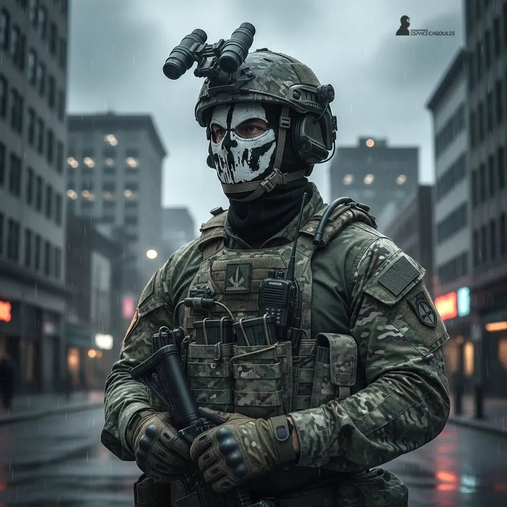 Black cotton and spandex Ghost balaclava from COD with a white skull pattern, featuring one hole, shown worn from the front by a soldier equipped in an urban environment under the rain - Balaclava Space.