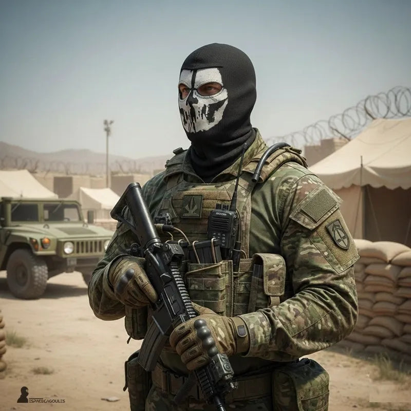 Black cotton and spandex Ghost COD balaclava with a white skull pattern, featuring one hole, worn by a soldier in military gear at a desert tactical camp - Balaclava Space.