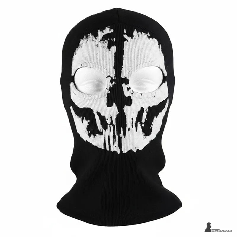 Black cotton and spandex Ghost COD balaclava with white skull pattern, featuring a single hole, product view from the front on a neutral white background - Espace Cagoules.