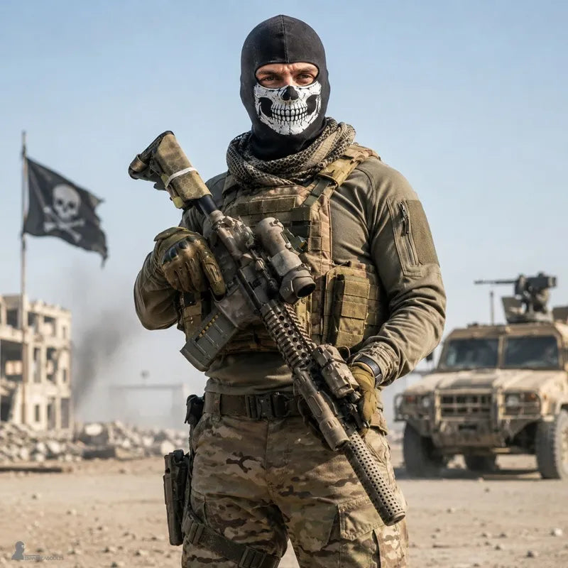 Passamontagna ghost mw2 indossata da un uomo in uniforme militare in un contesto di zona di combattimento - Spazio Cagoule.