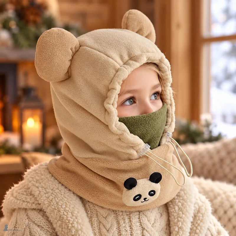 Dziecko z profilu w kominiarce dziecięcej camel na duży mróz z okrągłymi uszami, maską khaki na nosie i naszywką pandy na kominie - Espace Cagoules