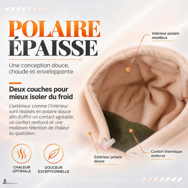Wnętrze kominiarki dziecięcej na duży mróz z grubego beżowego polaru z maską khaki, pokazujące podwójną warstwę polaru - Espace Cagoules