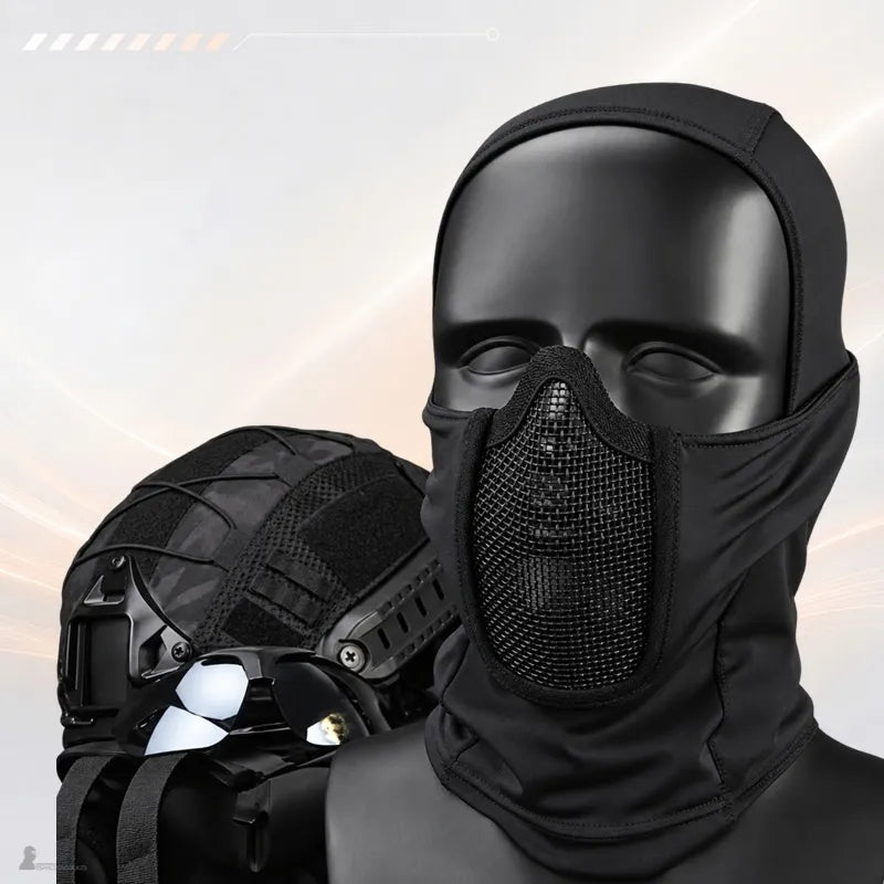 Cagoule grillagée airsoft FacialShield noire avec demi-masque en grille d'acier - Espace Cagoules