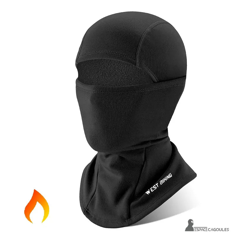 schwarzes Motorrad Winter Sturmhaube isoliert auf weißem Hintergrund mit West Biking Logo