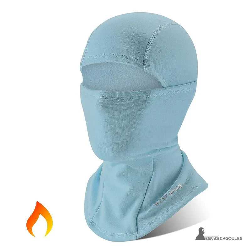 blaues Motorrad Winter Sturmhaube isoliert auf weißem Hintergrund mit West Biking Logo