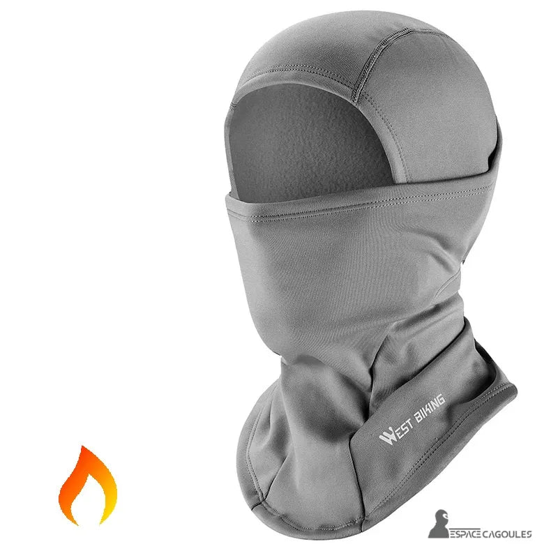 graue Motorrad-Winter-Sturmhaube isoliert auf weißem Hintergrund mit West Biking-Logo