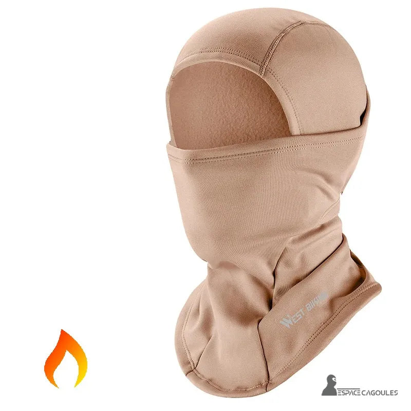 khakibeige Motorrad Winter Sturmhaube isoliert auf weißem Hintergrund mit West Biking Logo