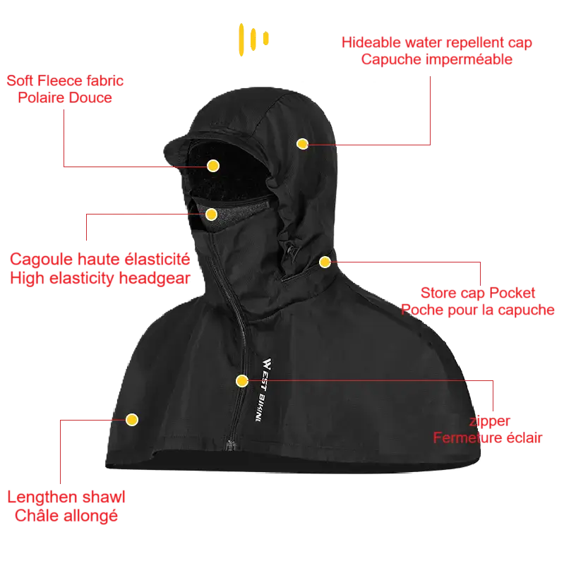SchĂ©ma technique dĂ©taillĂ© d'une cagoule intĂ©grale noire avec capuche ajustable, coutures renforcĂ©es, et protection coupe-vent. IdĂ©ale pour les conditions extrĂȘmes.