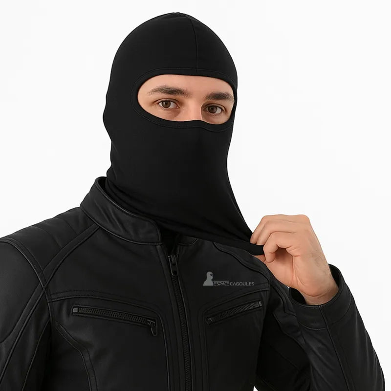 Full-body Motorcycle Balaclava in black stretchy, demonstrating its elasticity and perfect flexibility to fit under a motorcycle helmet.