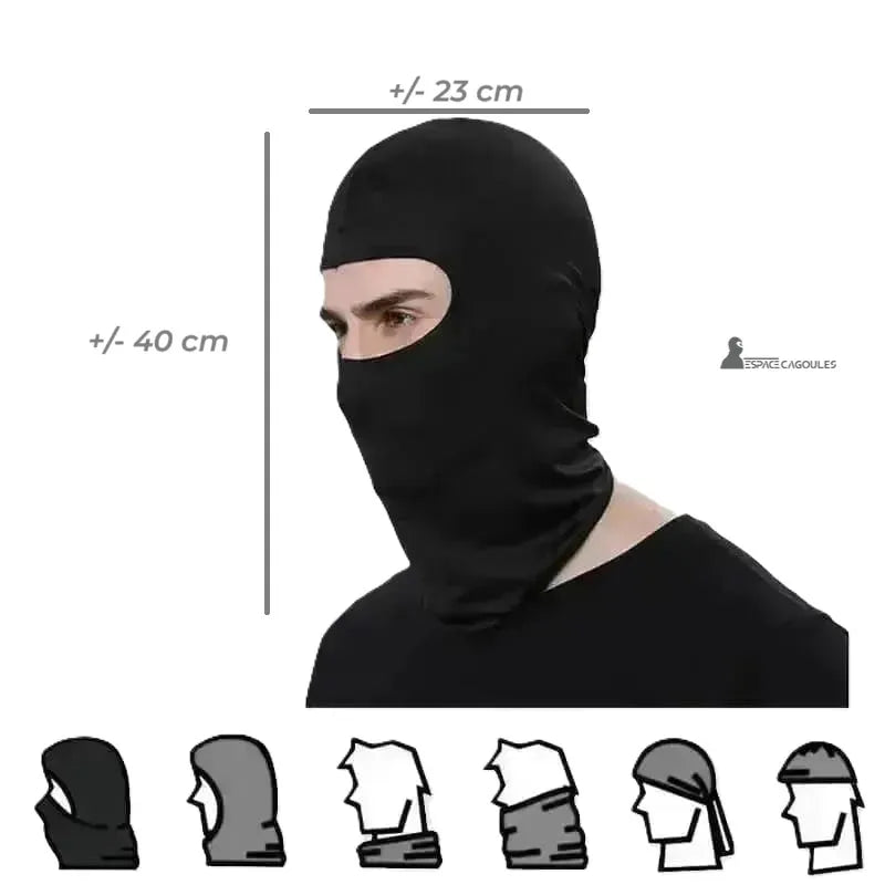 Full-body motorcycle balaclava with approximate dimensions and multiple ways to wear it illustrated, ideal for motorcycles and outdoor activities.