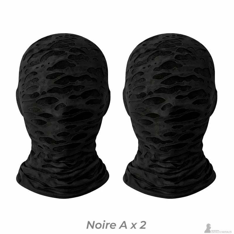 Set of two full face balaclavas without holes, black, worn effect, presented from the front - Espace Cagoules.