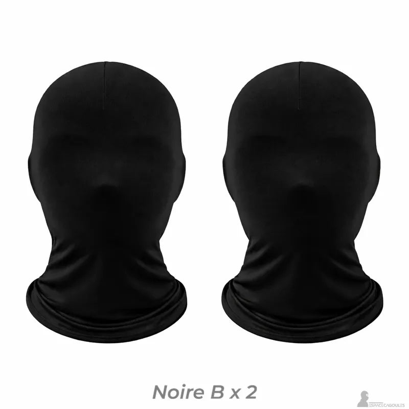 Set of two solid black full face masks without holes presented frontally on a white background - Espace Cagoules.