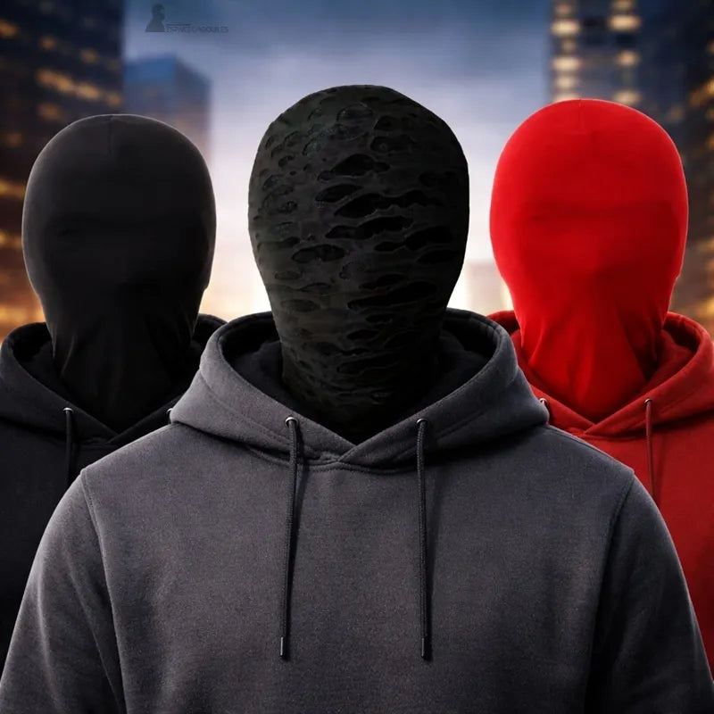 Three people wearing full face masks without holes, united and textured in different colors - Space Masks.