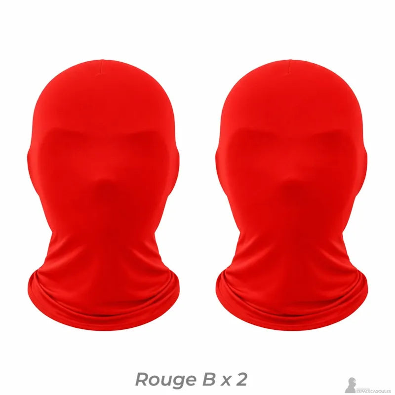 Set of two solid red full face masks without holes presented frontally on a white background - Espace Cagoules.