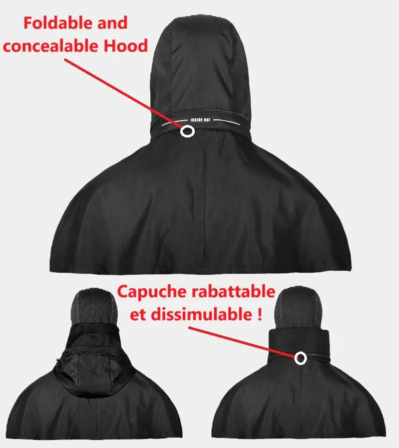 Cagoule intégrale noire avec capuche rabattable et amovible, montrée dans différentes configurations. Conception polyvalente pour une utilisation en extérieur.