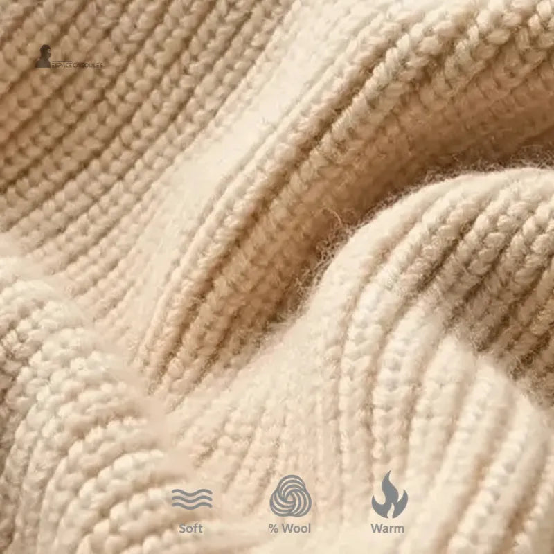 Dettaglio femminile in lana balaclava beige in maglia spessa, morbido e caldo