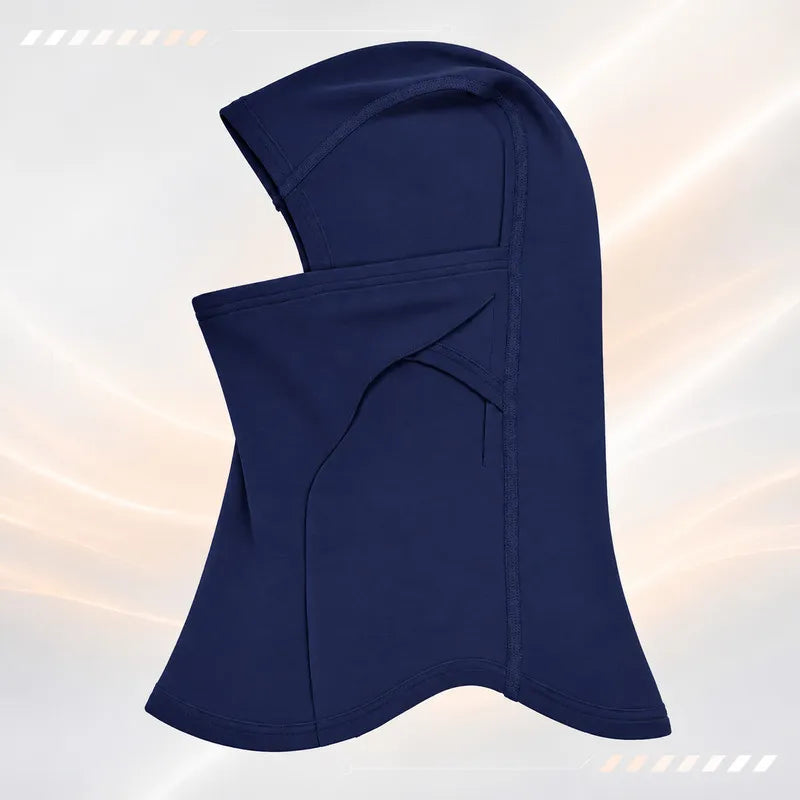 Cagoule laine mérinos Ovis bleu roi vue de profil, ouverture 1 trou et masque rabattable - Espace Cagoules
