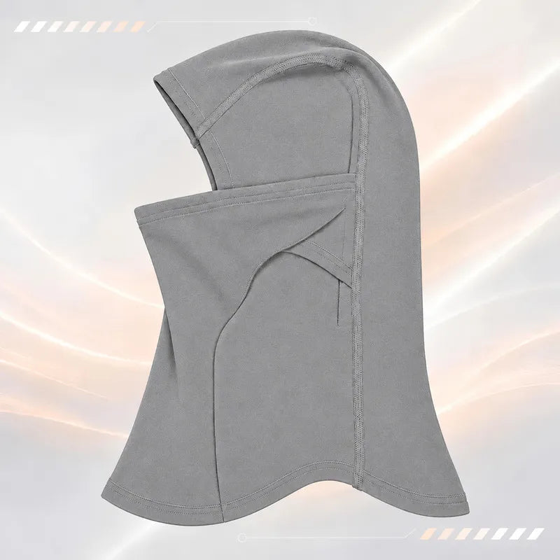 Cagoule laine mérinos Ovis gris clair vue de profil avec son plastron long - Espace Cagoules