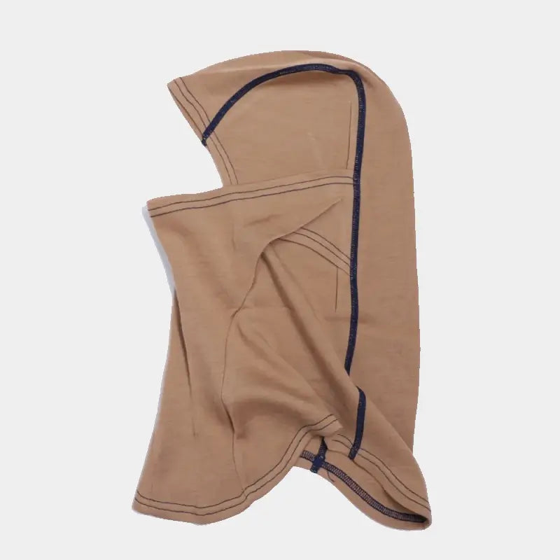 Light brown merino wool balaclava with black stitching, for cyclist, side view, ideal for winter activities.