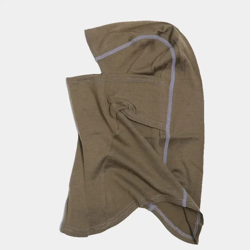 Olive green merino wool balaclava with grey seams for cyclist, side view, suitable for cold conditions.