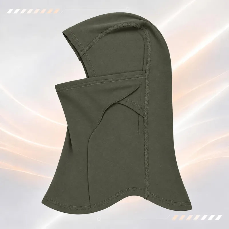 Cagoule laine mérinos Ovis vert olive vue de profil, coutures plates et plastron long - Espace Cagoules