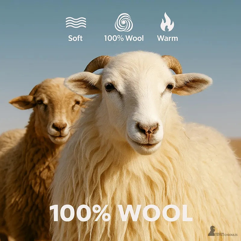 Cagoule laine visuel moutons laineux illustrant douceur et chaleur 100 percent wool en exterieur - Espace Cagoules