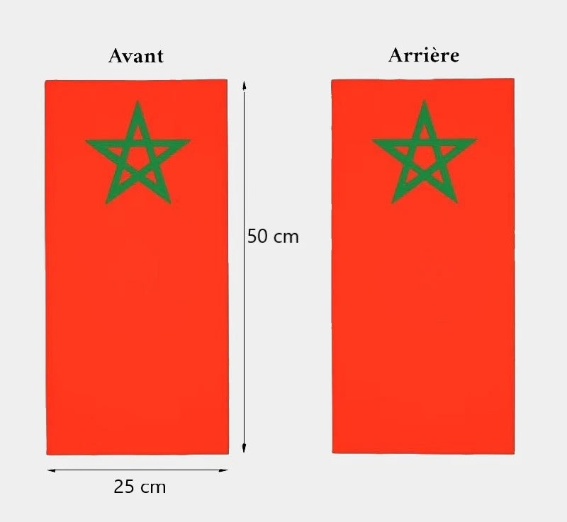 Détails techniques de la Cagoule Maroc, affichant ses dimensions : 50 cm de hauteur et 25 cm de largeur. Design rouge avec étoile verte, adapté à diverses utilisations.