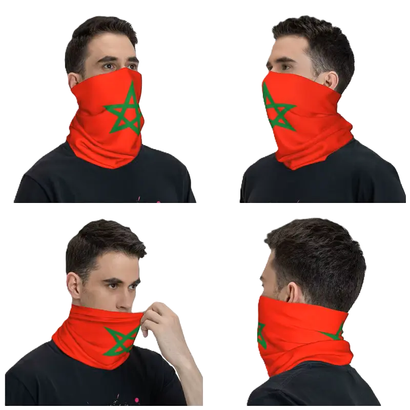 Homme portant une Cagoule Maroc rouge avec étoile verte, illustrant plusieurs façons de la porter : cache-cou, masque facial et tour de cou. Accessoire polyvalent.