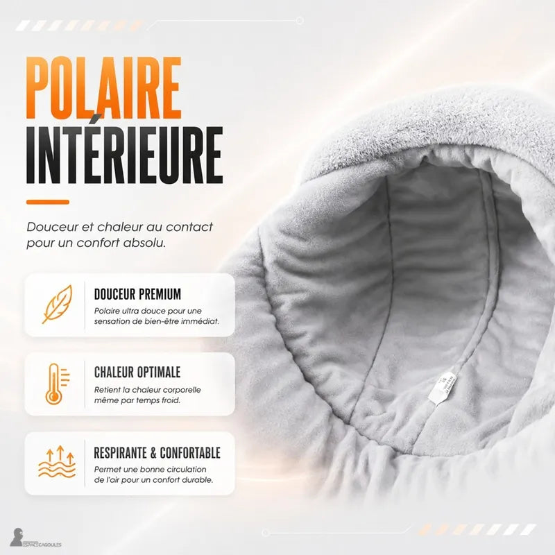 Wnętrze z miękkiego szarego polaru z ocieplaną kominiarką, z piktogramami premium miękkości, optymalnego ciepła i oddychalności - Przestrzeń Kominiarek