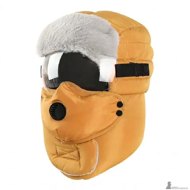 Passamontagna maschera imbottita con valvola e visiera, gialla vista frontale con fodera in pelliccia sintetica grigia - Spazio Cagoule